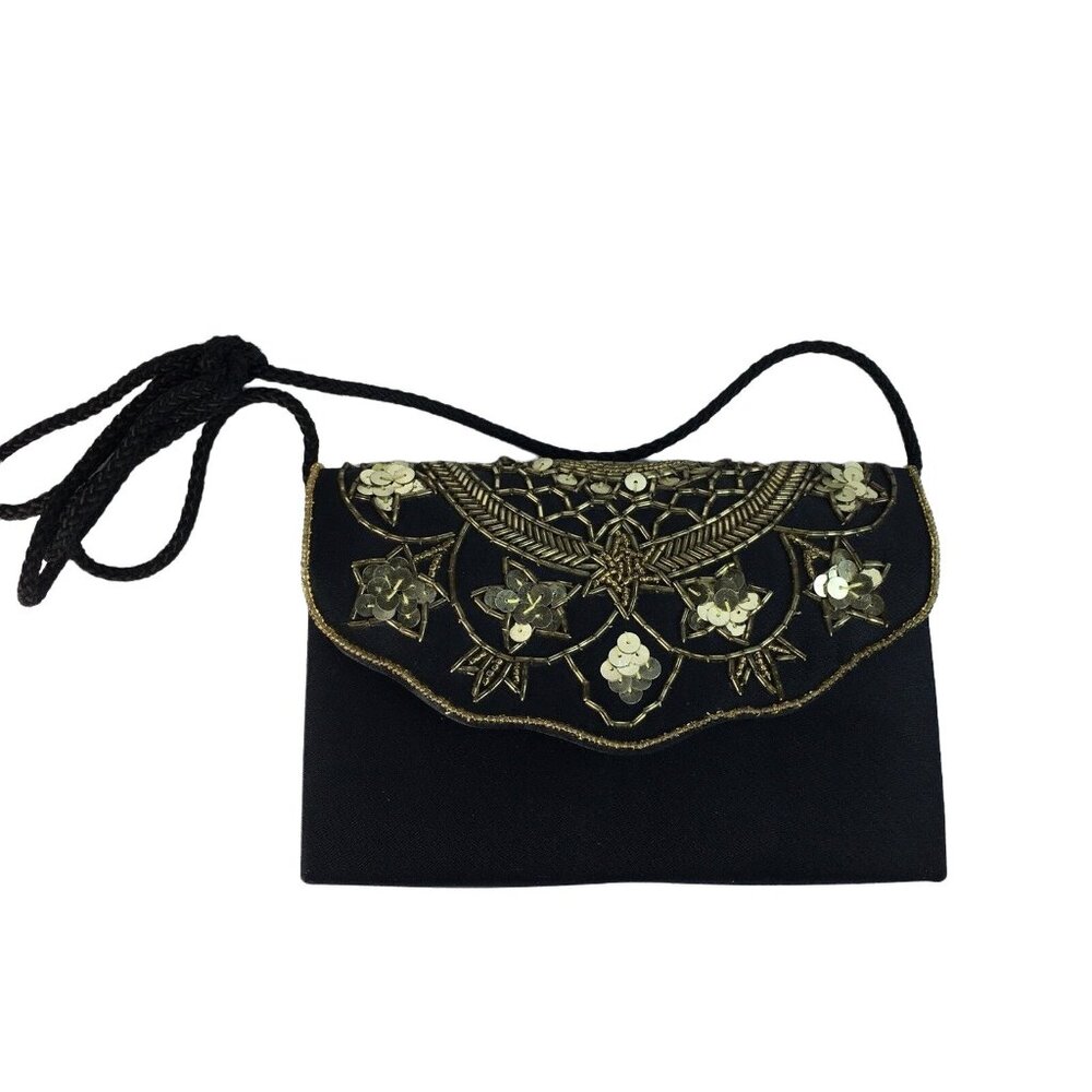 Vintage Black Velvet Purse Formal Evening u Handbag Crossbody or Clutch Gold Bea